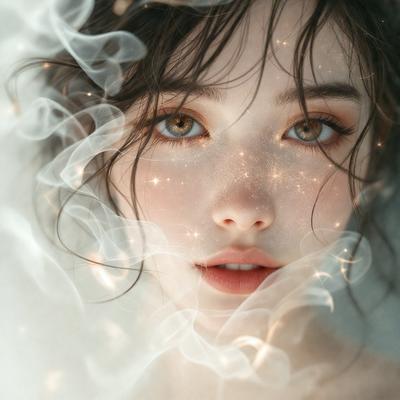 The primary subject of the image is a woman with long hair and a pouty mouth. She is surrounded by a hazy, smoky atmosphere, which adds a sense of mystery and allure to the scene. The visual style of the image is a combination of photo and digital art, creating a unique and captivating portrait. The colors in the image are predominantly shades of gray, white, and pink, which contribute to the overall mood of the scene.